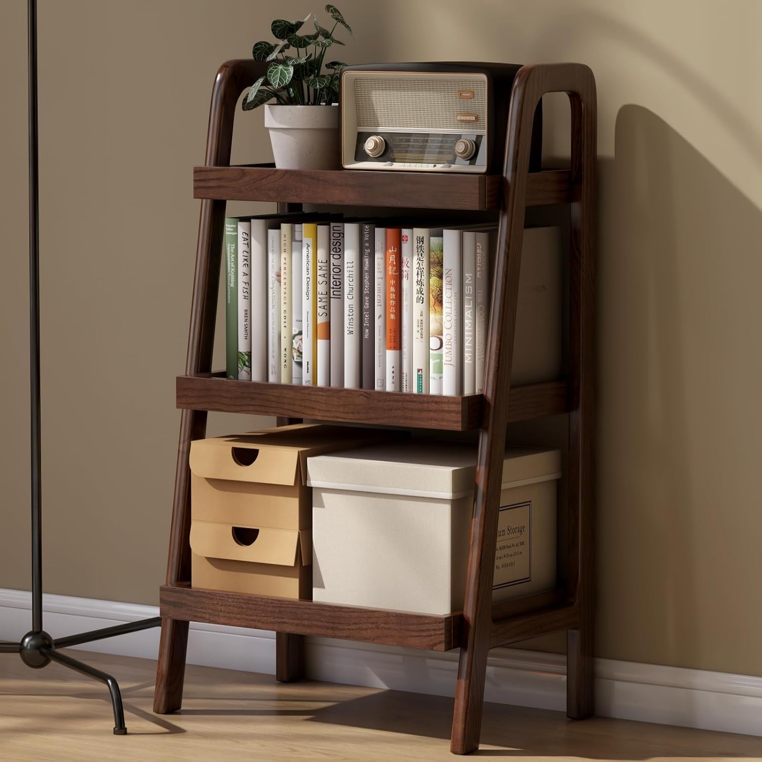 100% Solid Oak 3 Tier Ladder Shelf for Saving Space, Small Bookshelf with Stable Frame, Free Standing Ladder Shelves for Living Room Bedroom Couch, (Walnut, 17.72" W x 12.6" L x 31.5" H)
