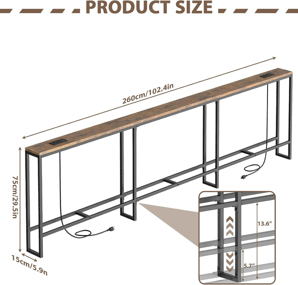 102 in Narrow Behind Couch Table with 2 Power Outlets,Rustic Brown | 2 USB-C ...