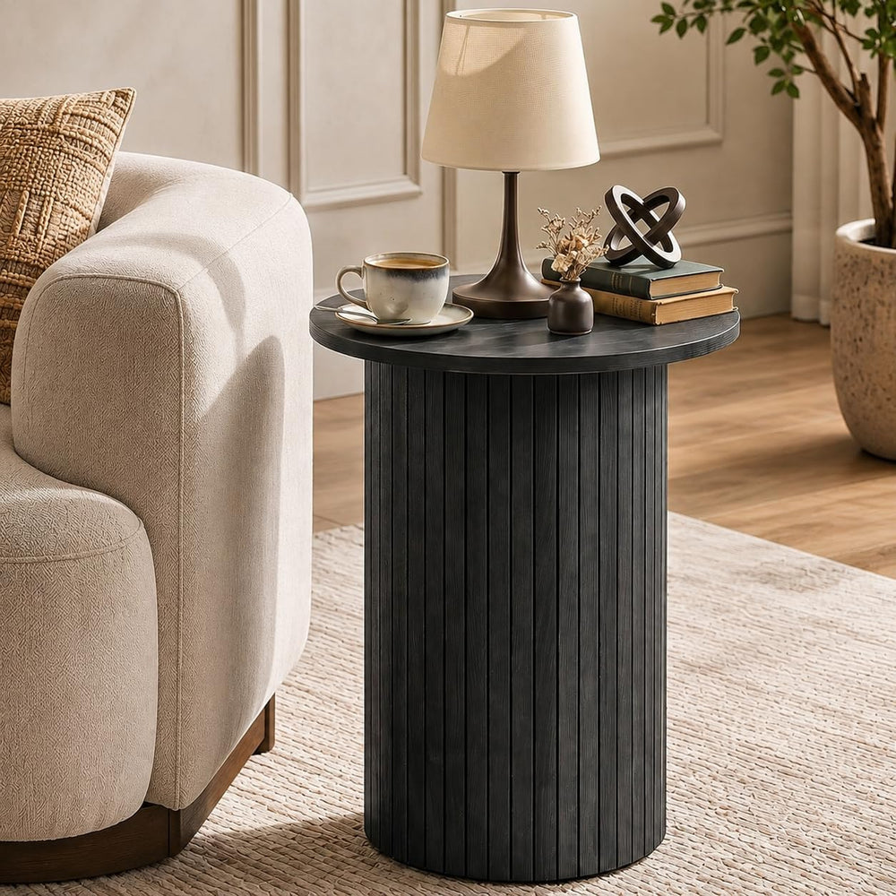 GIANTEX Round Fluted Side Table Set of 2, Drum Pedestal End Tables, Black