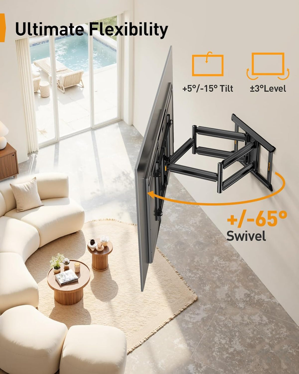 Perlegear TV Wall Mount for 55-65 75 85 90 98 100 120 Inch TVs, Heavy Duty TV Mount Fits 24″/18″/16″Wood Studs, Preassembled Full Motion TV Mount up to 225lbs, Max VESA 900x600mm, PGXLF03B