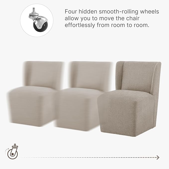 Upholstered Dining Chair with Casters Wingback Modern Side Armless Deskchair with Rollers for Diningroom Bedroom Livingroom Reading Room,Khaki,2 Box