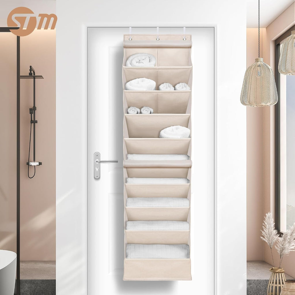 STORAGE MANIAC Over the Door Shoe Organizer with Curtain Dustproof Heavy-Duty Large Deep Pocket Hanging Shoe Organizer for Closet Dorm & Narrow Door Storage Shoe Holder Shoe Rack, 9-Shelf Beige 1 Pack