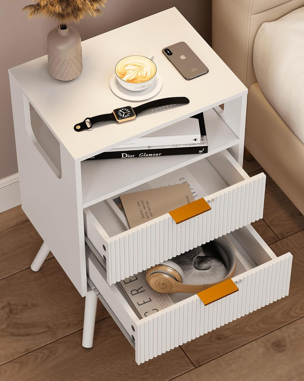 White Nightstand, Modern Bedside Table with 2 Storage Drawer and Open Wood Shelf, for Bedroom and Small Spaces, Night Stand with Solid Wood Legs