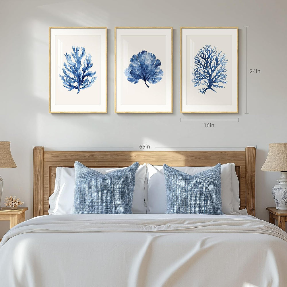 Framed Coastal Ocean Blue Coral Large Wall Art for Living Room, 16x24 Inch
