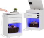 Auromie Set of 2 Nightstand with Charging Station and LED Lights, Bedside Table with Hidden Compartment for Valuables Storage, Concealment Furniture with Lock Cabinet and Power Outlets… (Whie- 2pcs)