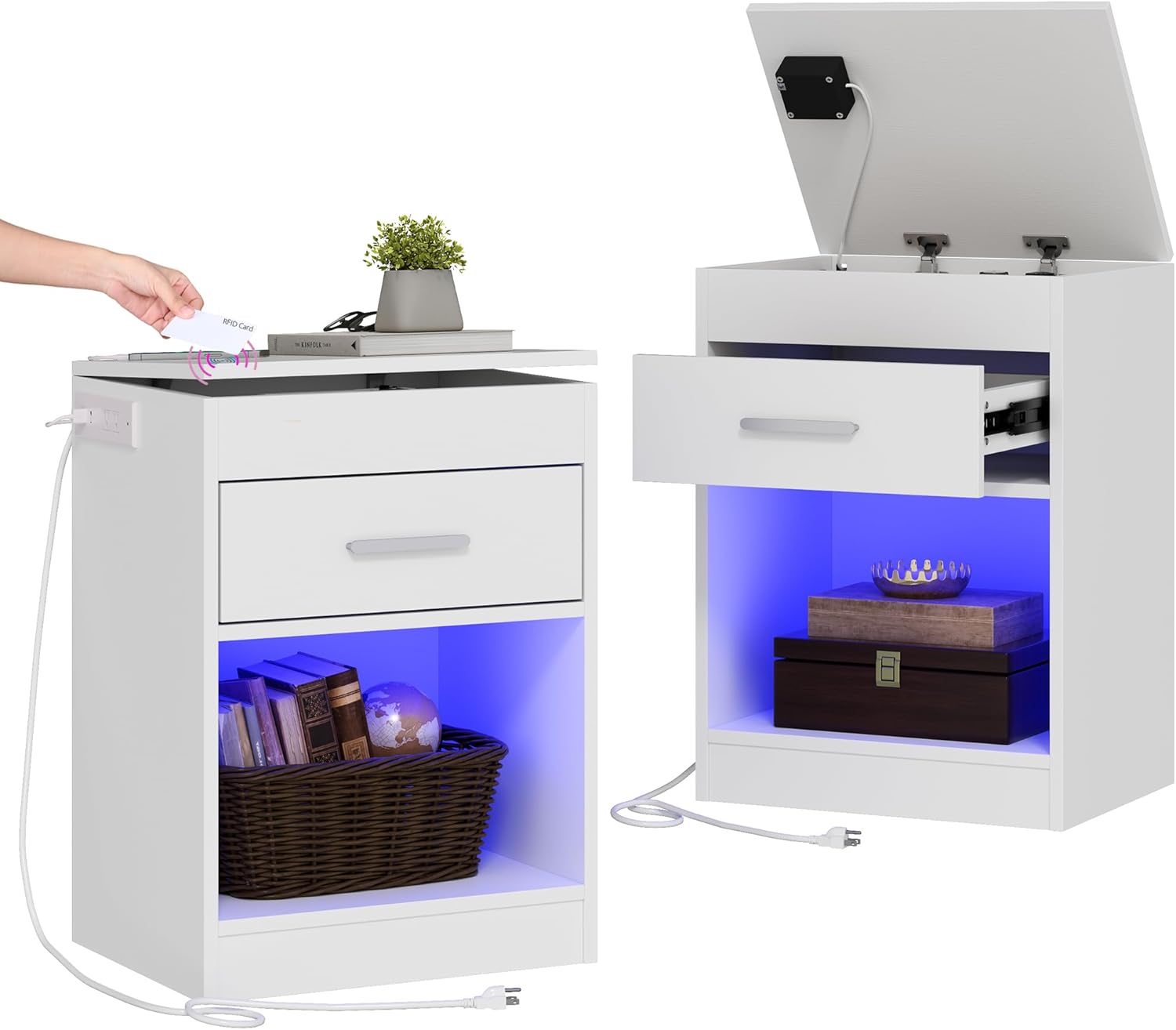 Auromie Set of 2 Nightstand with Charging Station and LED Lights, Bedside Table with Hidden Compartment for Valuables Storage, Concealment Furniture with Lock Cabinet and Power Outlets… (Whie- 2pcs)