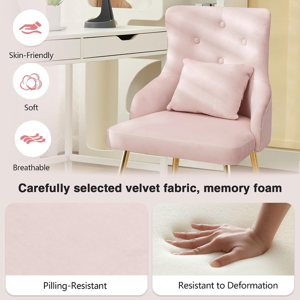 Velvet Vanity Chairs with Back, Upholstered Makeup Chair No Wheels with Metal Legs & Lumbar Pillow for Living Room/Makeup Room/Bedroom/Home Office/Kitchen
