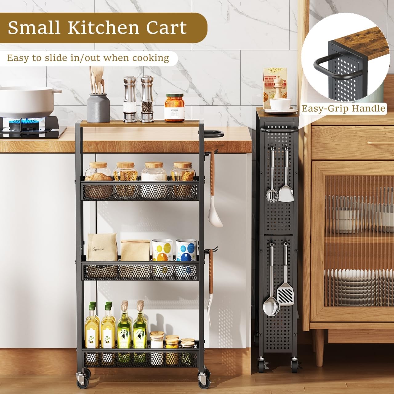 Utility Slim Storage Cart 4 Tier Small Rolling Kitchen Laundry Room Organization Cart with Wood Top Metal Narrow Laundry Room Shelves Cabinet Unit Laundry Organizer Trolley with Handle for Small space