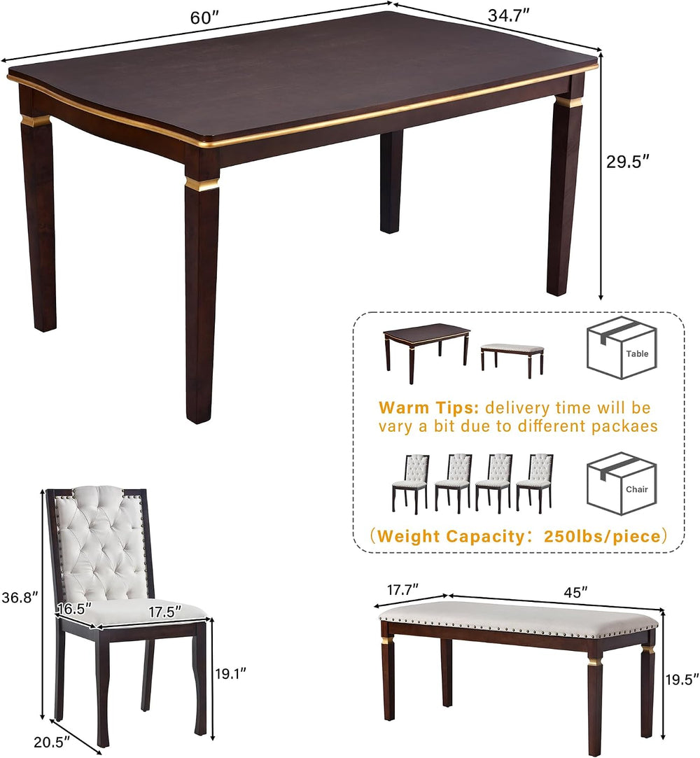 P PURLOVE 6-Piece Kitchen Dining Table Set, 60" Rectangular Table with 4...