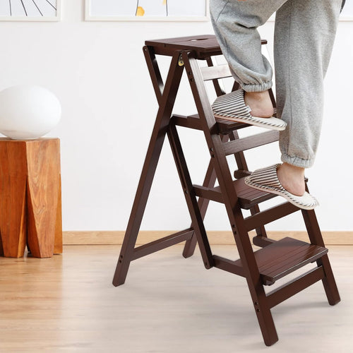 3 Step Ladder Folding Step Stool, Anti-Slip & Lightweight 3-Step Folding Portable Wooden Coffee Step Stool Counter Chair Multifunction Pine Wood Foldable Ladder for Home, Library, Capacity: 220lbs