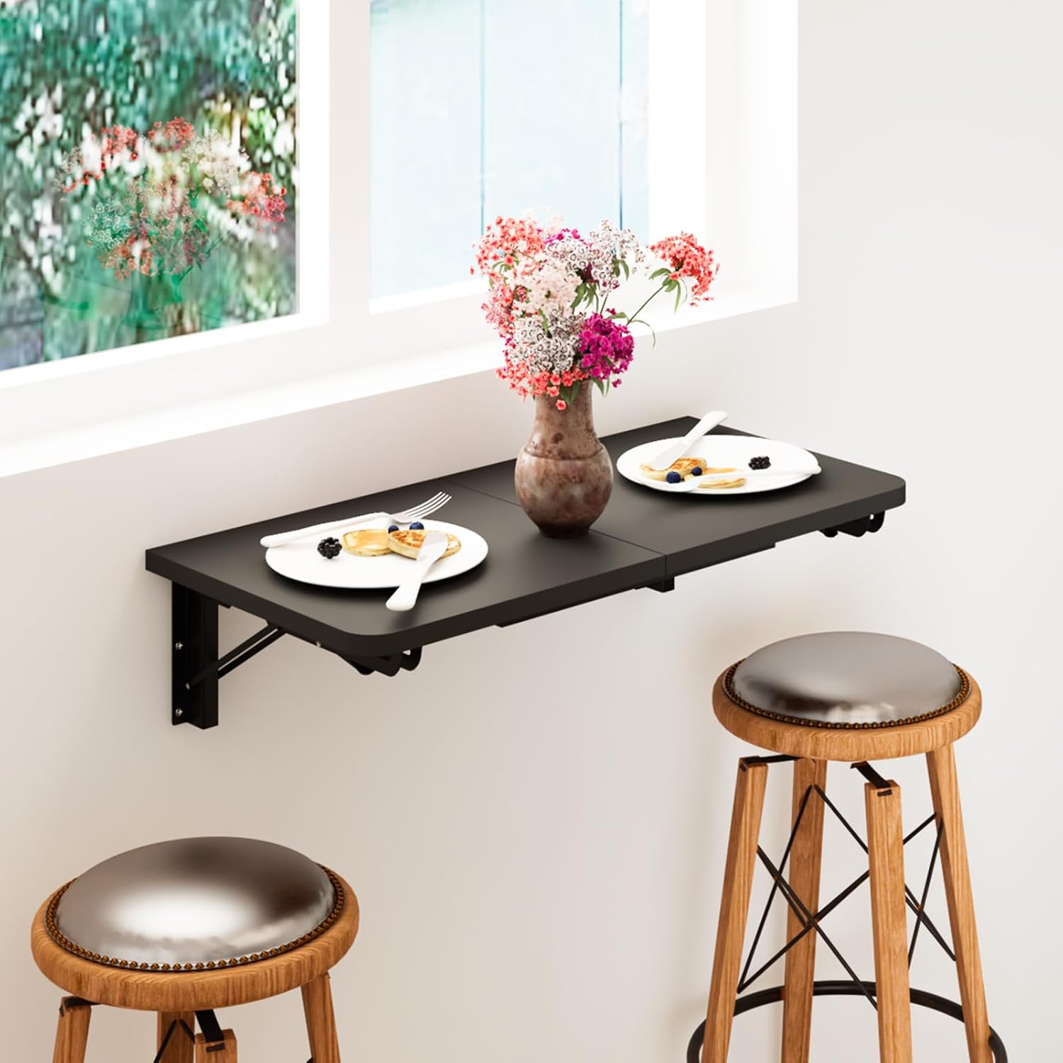 TEAMIX Wall Mounted Folding Table, Black Floating Desk for Small Spaces, Drop Leaf Dining Table for Kitchen Fold Down Laundry Shelf with Heavy-Duty Brackets