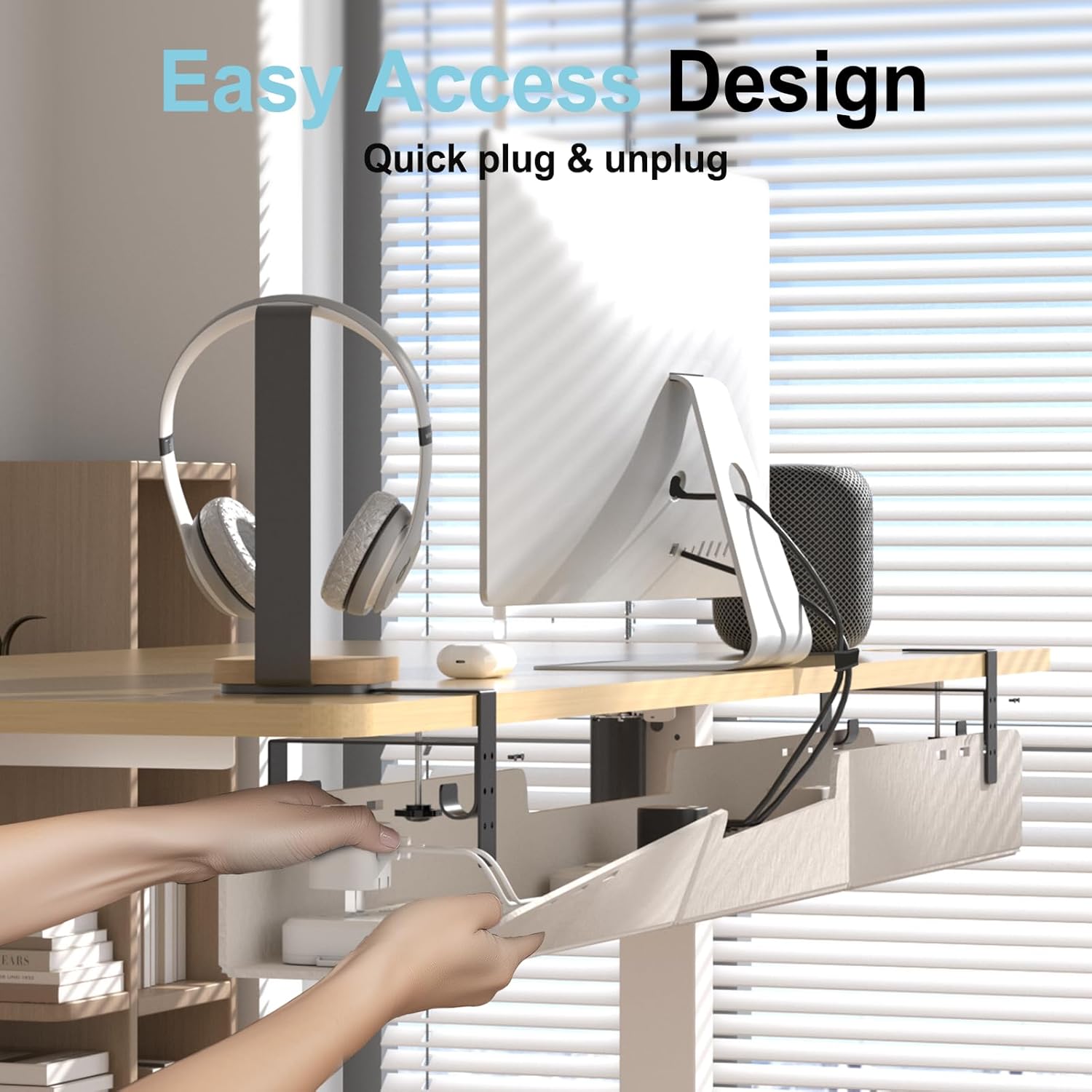 Under Desk Cable Management Tray,No-Drill Upgraded Thickened Felt Cord Organizer with Clamp or Screw Mount,Cable Holder for Standing Desk,Home Or Office(Beige, 47.2")
