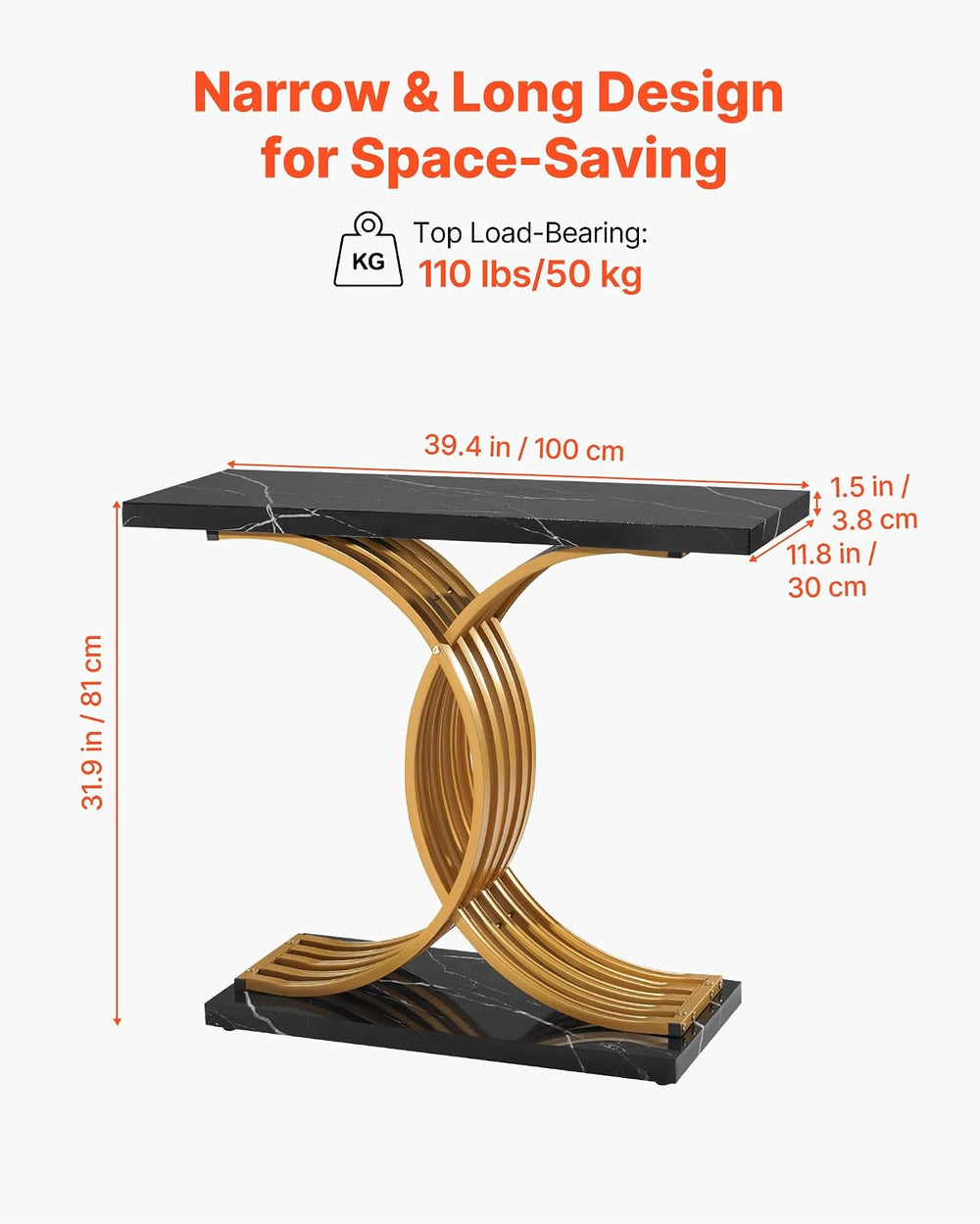 VEVOR 39 in Gold Console Table, Modern Desk Behind The Couch, Wood Rectangle ...