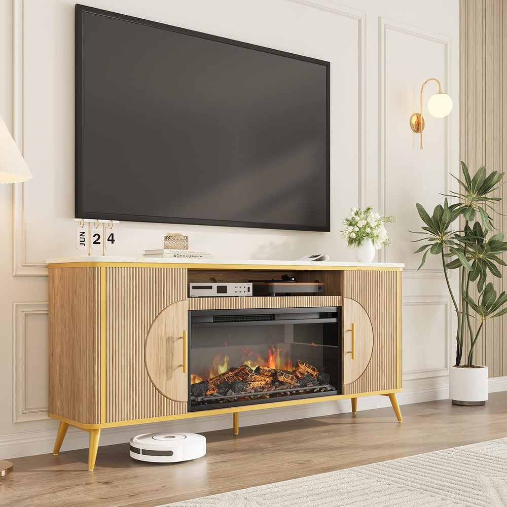 Fluted Fireplace TV Stand Up to 80" TVs, Modern Entertainment Center wit...