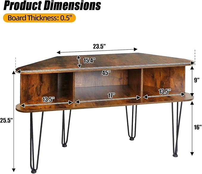 Corner TV Stand for 50 Inch TV, Entertainment Center with Storage Cabinet, Industrial Media Console Table with High Metal Feet and Anti-Slip Pads, Corner TV Stand for Living Room, Brown