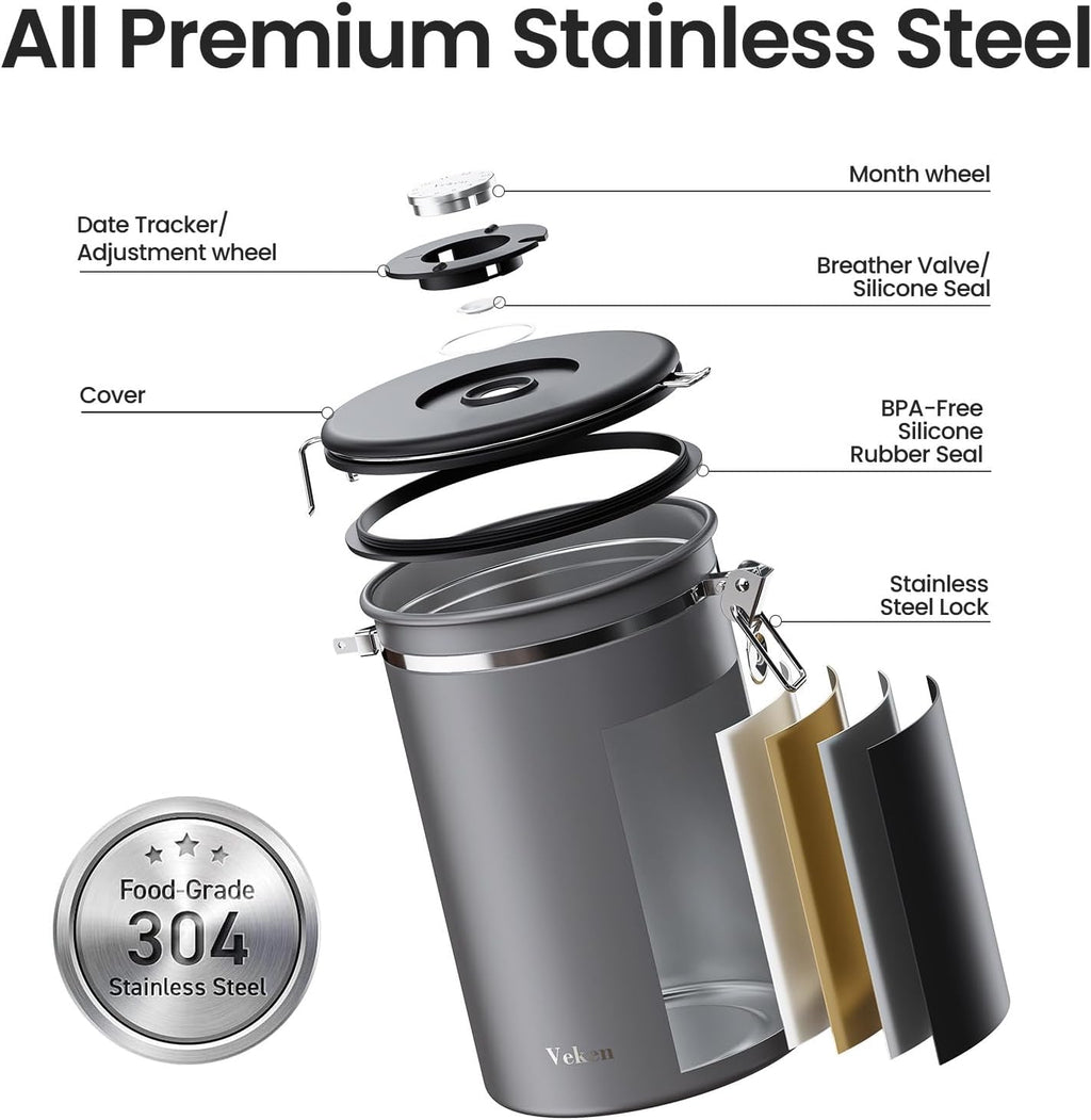 Veken Coffee Canister, 39OZ Large, Airtight Stainless Steel Food Storage Container for 2.2lbs Coffee Beans,Ground, Sugar,Espresso,Rice,Tea,Flour, Cereal,Home Kitchen Pantry Bar Accessories, Gifts,Gray