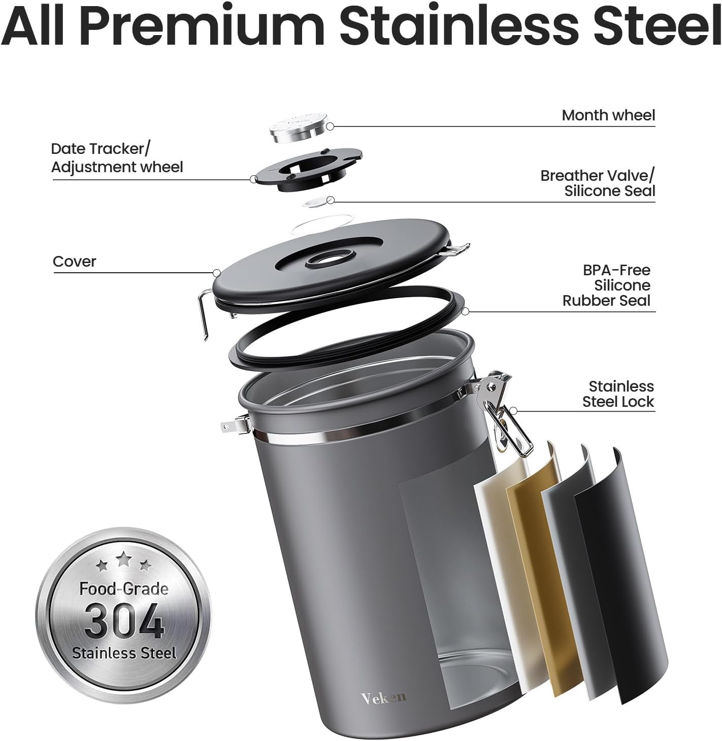 Veken Coffee Canister, 39OZ Large, Airtight Stainless Steel Food Storage Container for 2.2lbs Coffee Beans,Ground, Sugar,Espresso,Rice,Tea,Flour, Cereal,Home Kitchen Pantry Bar Accessories, Gifts,Gray