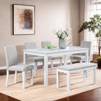 Dining Table Set for 5, 6 Piece Dining Room Table Set with Rectangular Crystal Decoration Table, 4 Upholstered Backrest Chairs and Bench, Counter Height Kitchen Sets with MDF Tabletop, White