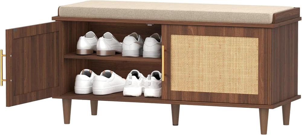 Akxomel Rattan Shoe Storage Bench with Cushion, 2-Tier Entryway Bench with Ad...