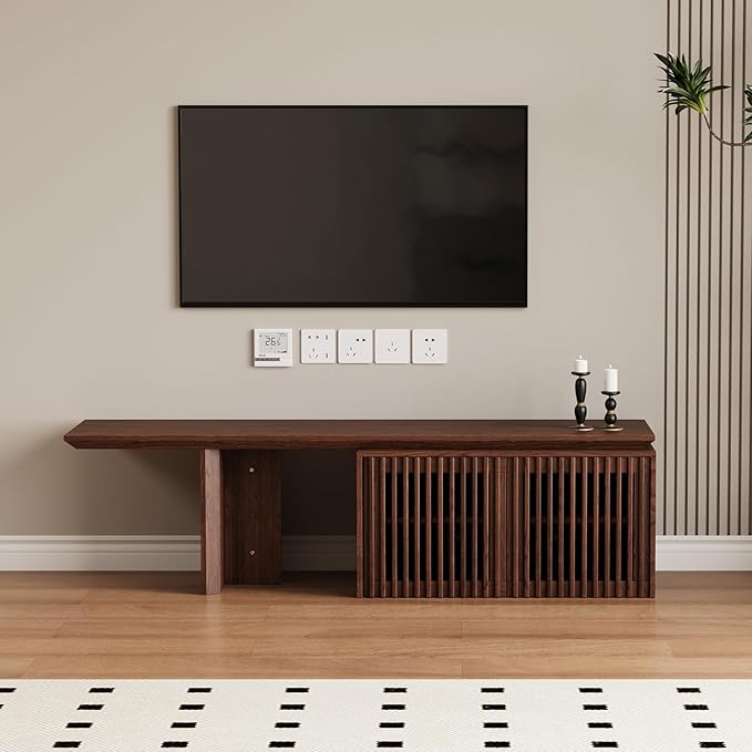 XEW Extendable TV Stand with Storage and Shelves, Wood Entertainment Center for 55+ Inch TV, Modern TV Console, Minimalist Media Console for Living Room, Bedroom-Walnut (Extendable: 63"-86.6")