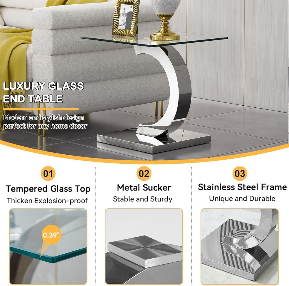 Luxury Silver Glass End Table,Sqaure Sofa Side Table with Shiny Mirrored C-Sh...