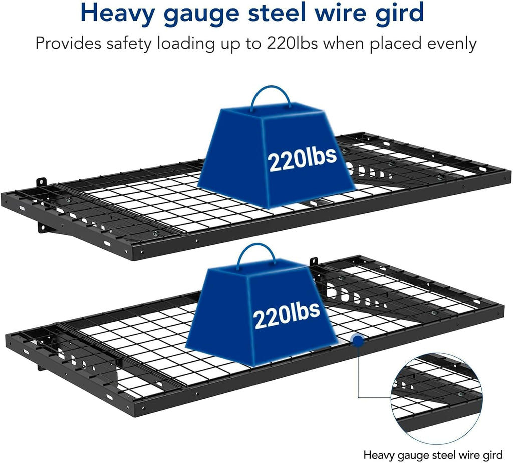 FLEXIMOUNTS 2 Pack 2x4ft Garage Storage 24x48 inch Heavy Duty Bike Wall Shelving Rack, 440lbs Total Weight Capacity, Black, Pro Series