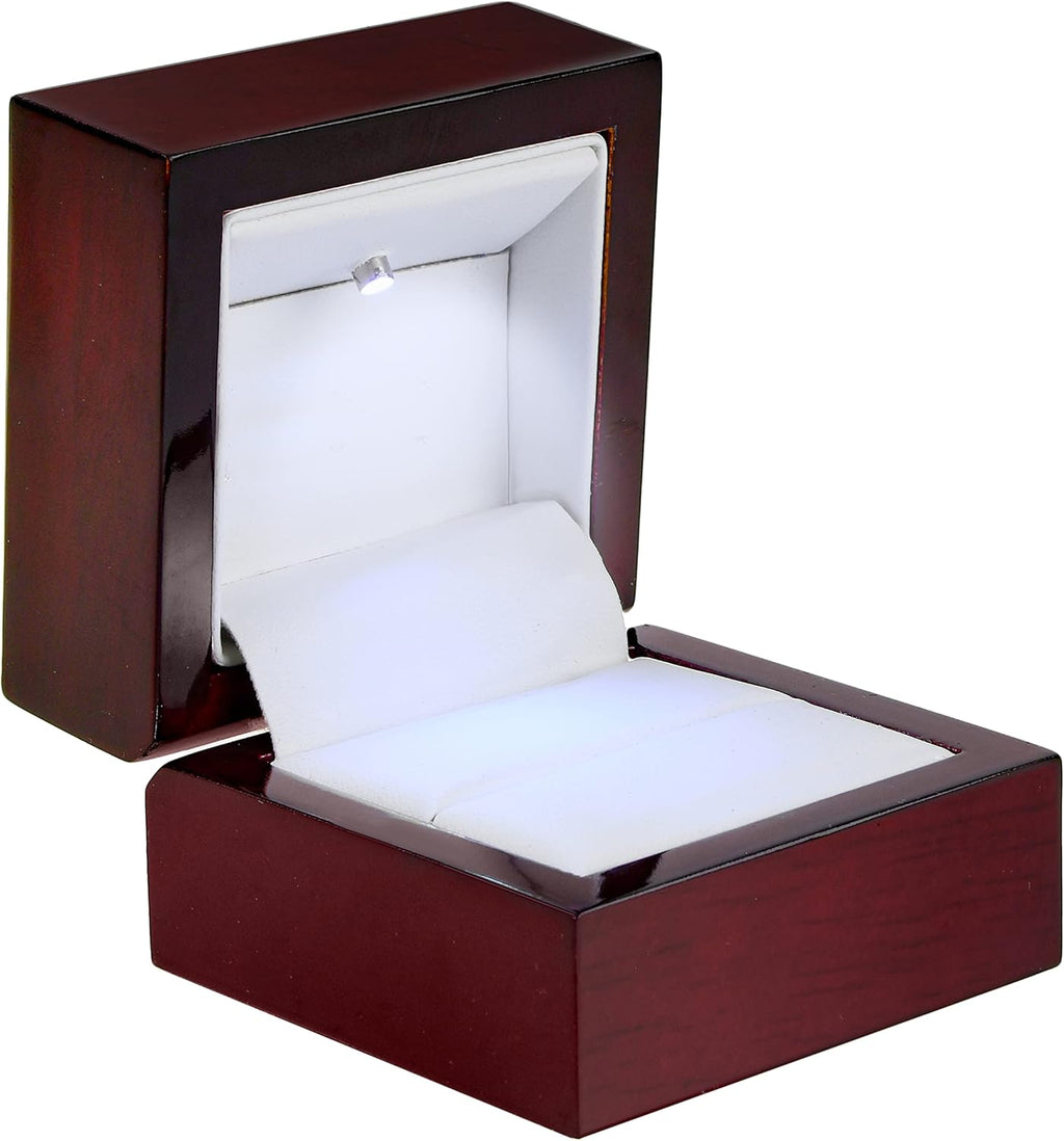 Allure - Luxury Ring Boxes With LED Light, Square Shaped Elegant Diamond Ring Case, For Unique Proposal Or Wedding, Small, Mahogany Wood With White Leatherette Insert Jewelry Display Gift Box. 6 Boxes