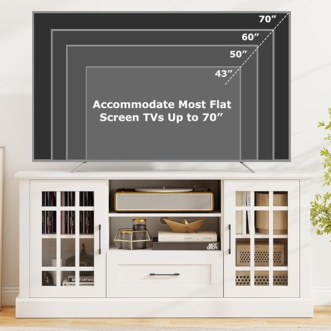 GOFLAME Farmhouse TV Stand for TVs up to 70", Entertainment Media Center Storage Cabinet with Glass Doors, Open Shelves & Drawer, Wooden Television Console Table for Living Room (White)
