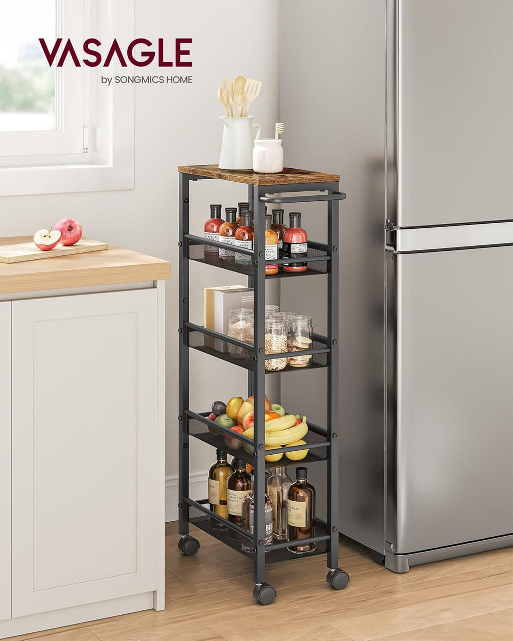 VASAGLE Slim Rolling Cart, 5-Tier Storage Cart, Narrow Cart with Handle, 8.7 Inches Deep, Metal Frame, for Kitchen, Dining Room, Living Room, Home Office, Rustic Brown and Classic Black ULRC035B01