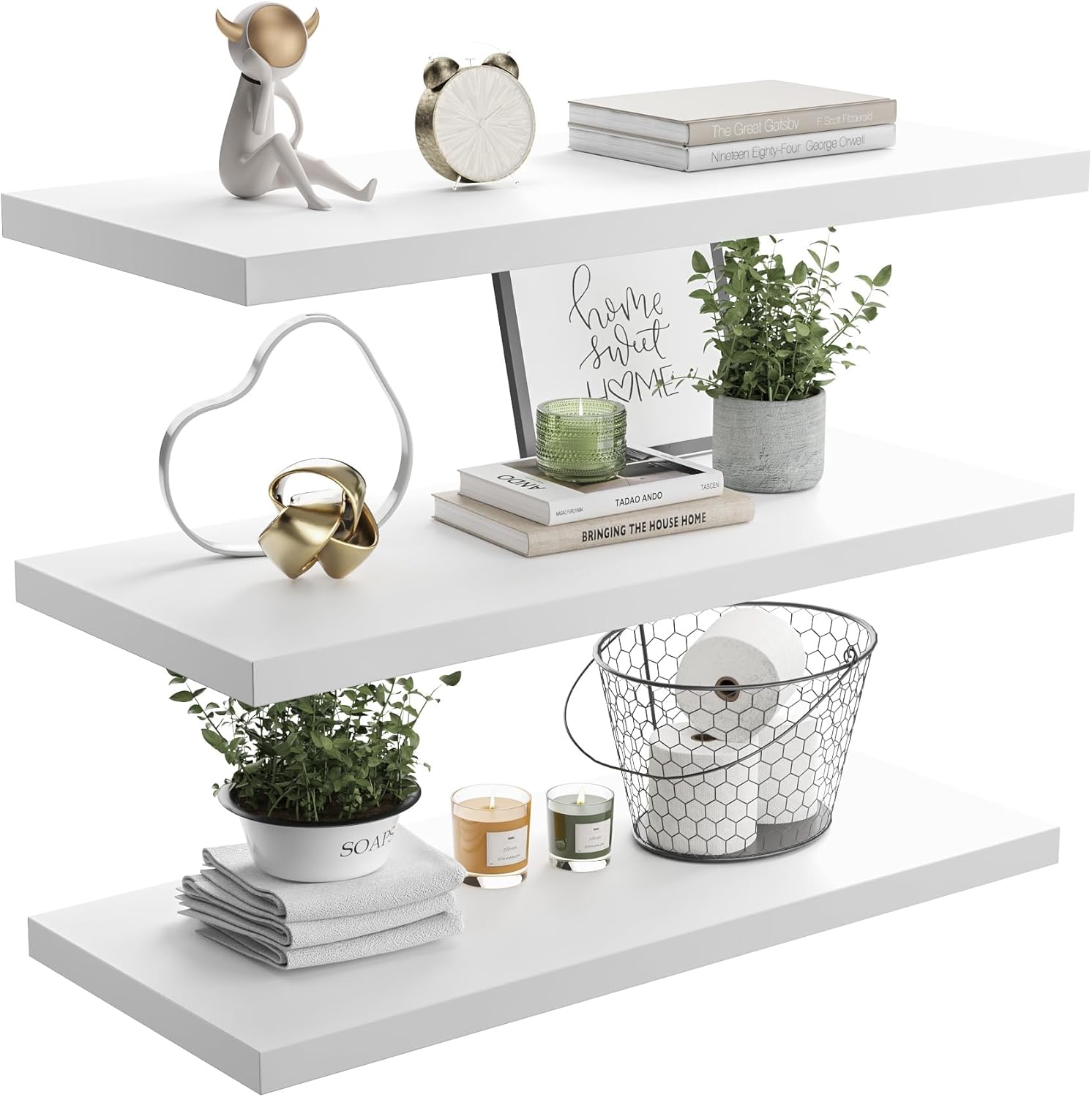 Wall Shelf Set of 3, White Floating Shelves 24 in W x 10 in D x 1 in H, Wooden Floating Wall Shelf with Invisible Brackets for Living Room/Bedroom/Bathroom/Kitchen Storage and Decor