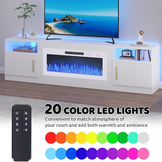 Lemberi Fireplace tv Stand with 36 inch White Fireplace Up to 90" TVs, LED Light Entertainment Center and Storage, 80" Modern Wood Media TV Console with Highlight Cabinet for Living Room
