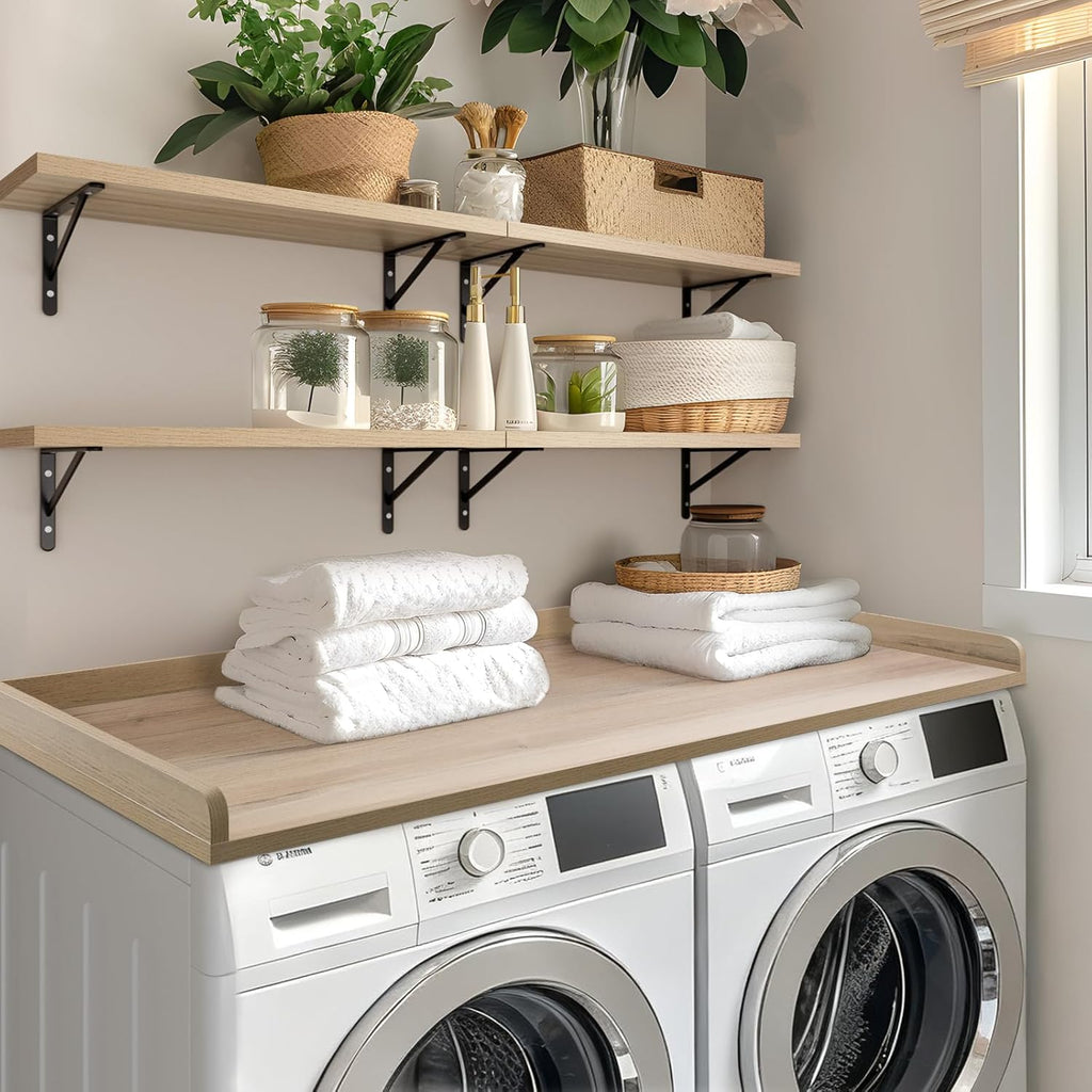 Kaboon Washer Dryer Countertop, Melamine Countertop with Edge Rails - 27.5" Depth x 54" Width Laundry Room Organization, Oak(Grey Tone)