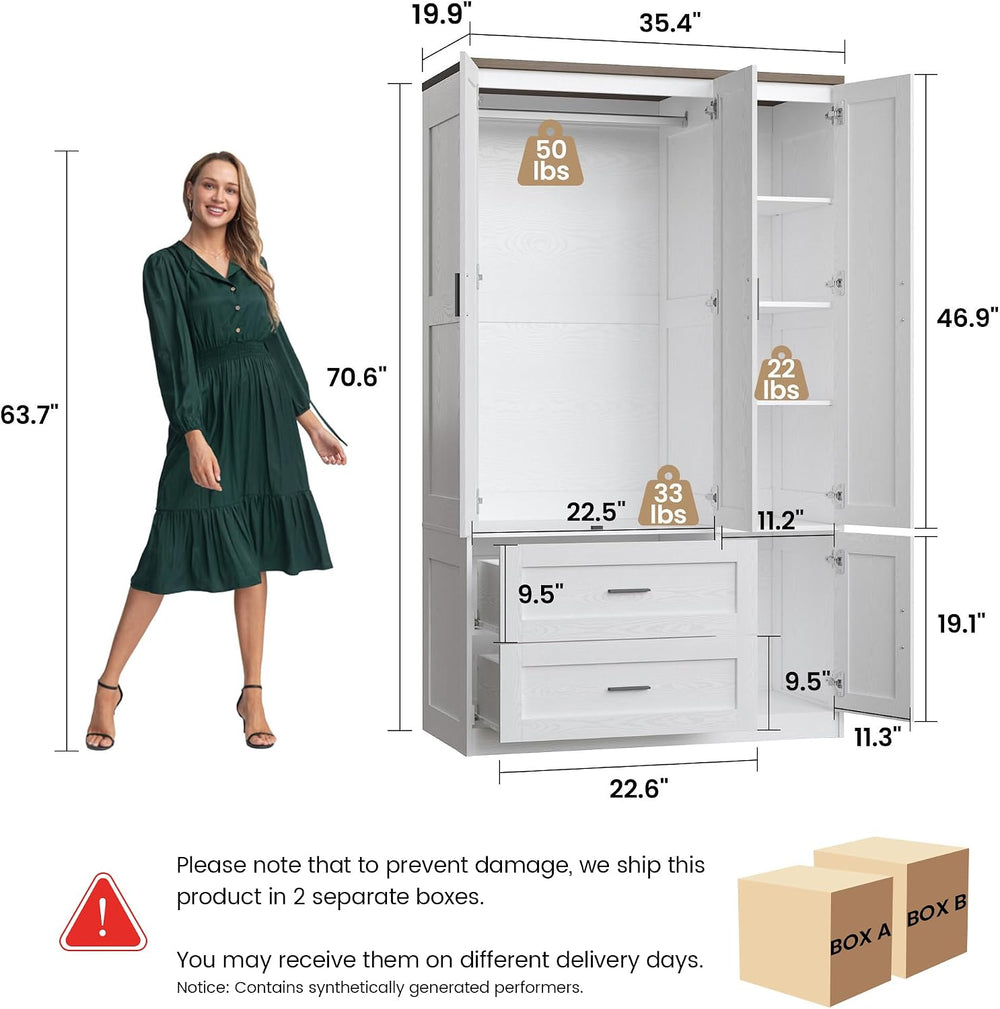ANCTOR 3-Door Armoire Wardrobe Closet with 2 Drawers and Shelves, White
