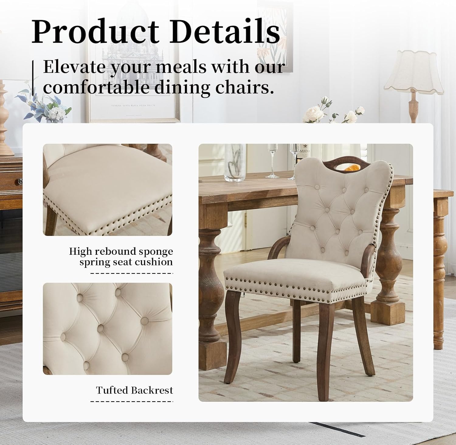 Shenyon Beige Velvet Dining Chairs Set of 2，Modern Upholstered Dining Room Chairs with Tufted Back and Wood Handles, Curved Solid Wood Legs, Sillas de Comedor