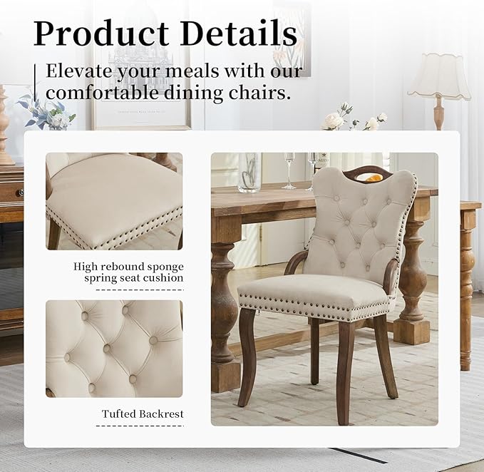 Beige Velvet Dining Chairs Set of 2，Modern Upholstered Dining Room Chairs with Tufted Back and Wood Handles, Curved Solid Wood Legs, Sillas de Comedor