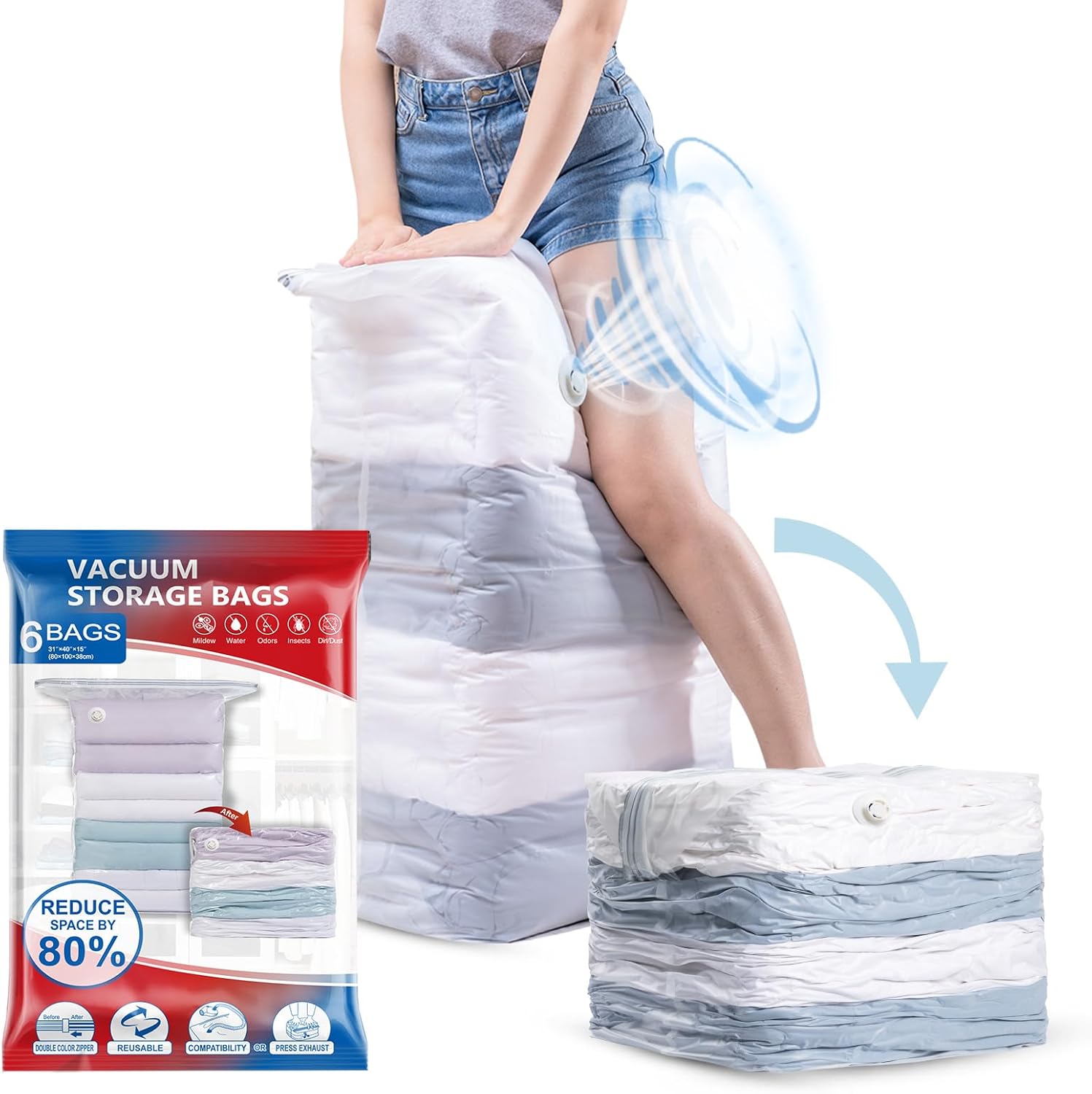 TAILI 6 Pack Vacuum Storage Bags, Jumbo Cube (31x40x15 Inch), Extra Large Vacuum Seal Bags for Comforters, Blankets, Bedding, Clothes, Closet Organization Space Saving, Clear