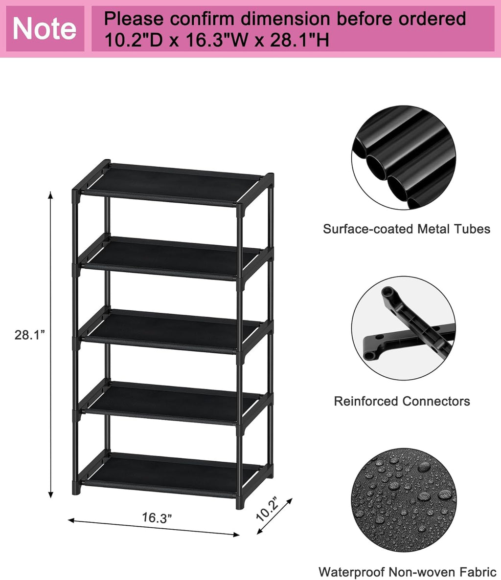 5-Tier Small Shoe Rack, Narrow Space-Saving Organizer for Small Spaces, Non-Woven Fabric Lightweight Shoe Shelves, for Closet Floor, Front Door, Entryway, Kids/Toddler/Adults, Black