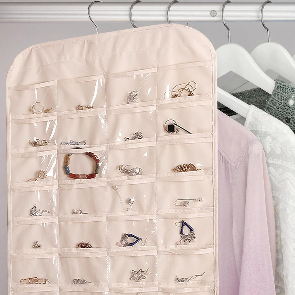 2PCS Hanging Jewelry Organizer Double Sided Necklace Storage Holder with 80 Clear Pockets Portable Necklace Holder Jewelry Bag for Earrings Necklace Bracelet