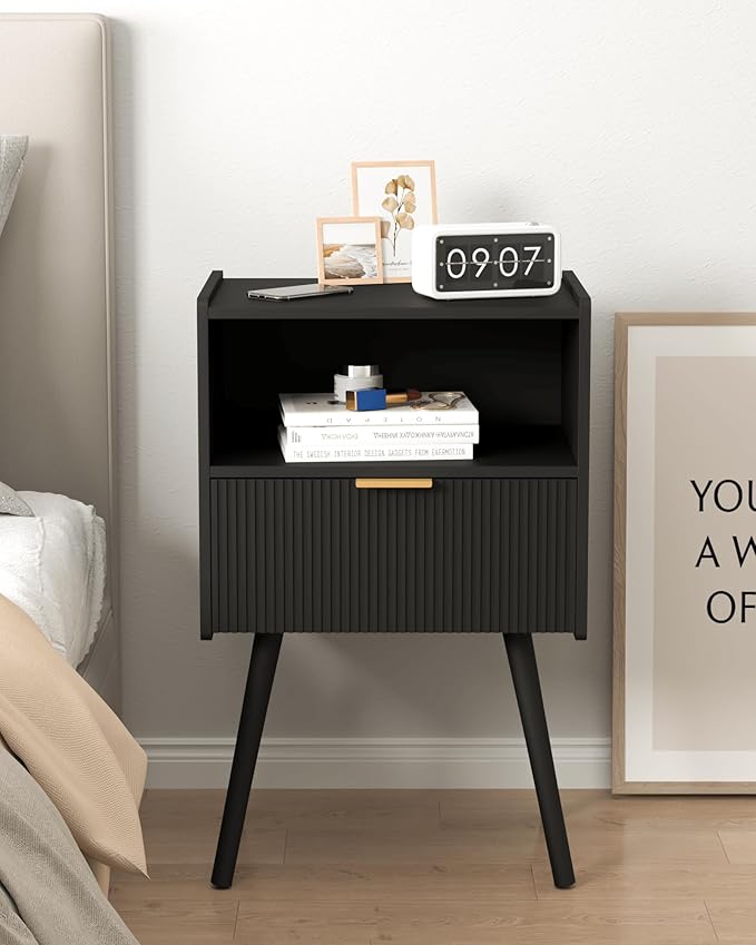 Black Nightstand,Modern Bedside Table with Storage Drawer and Open Wood Shelf...