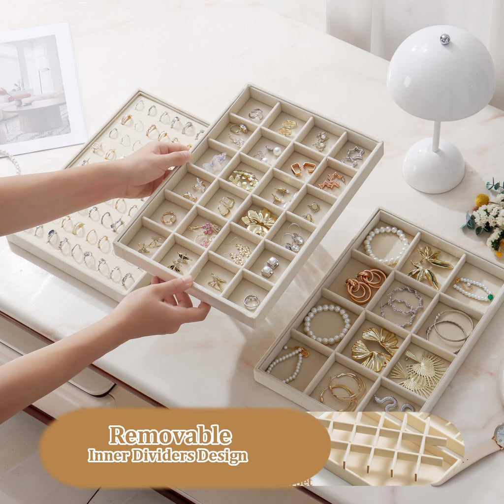 Large Jewelry Organizer for Drawer Insert Velvet Stackable Jewelry Trays for Earring Necklace Bracelet Ring Display (Beige, 24 Grids)