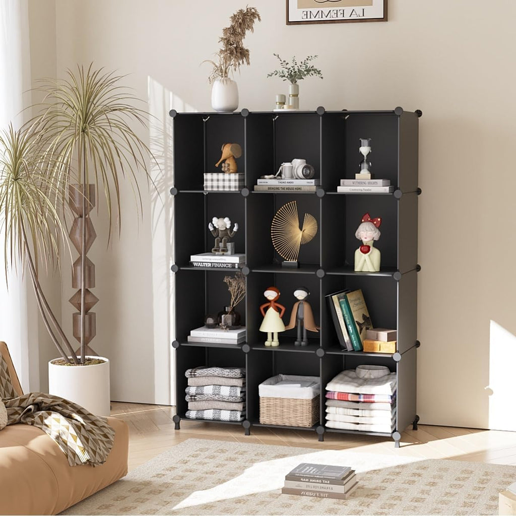 AWTATOS Cube Storage Organizer Closet Storage Shelves DIY Stackable Plastic Storage 12 Cube Bookshelf, Ideal Storage Organizer for Closet, Home, Bedroom, Black