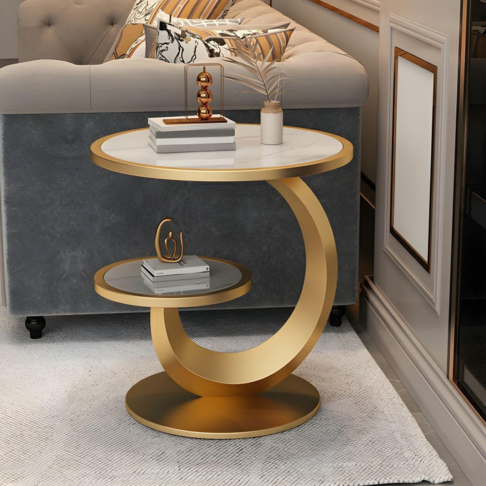 Round Stone Top Side Table with Storage Shelf - Modern End Table for Living R...