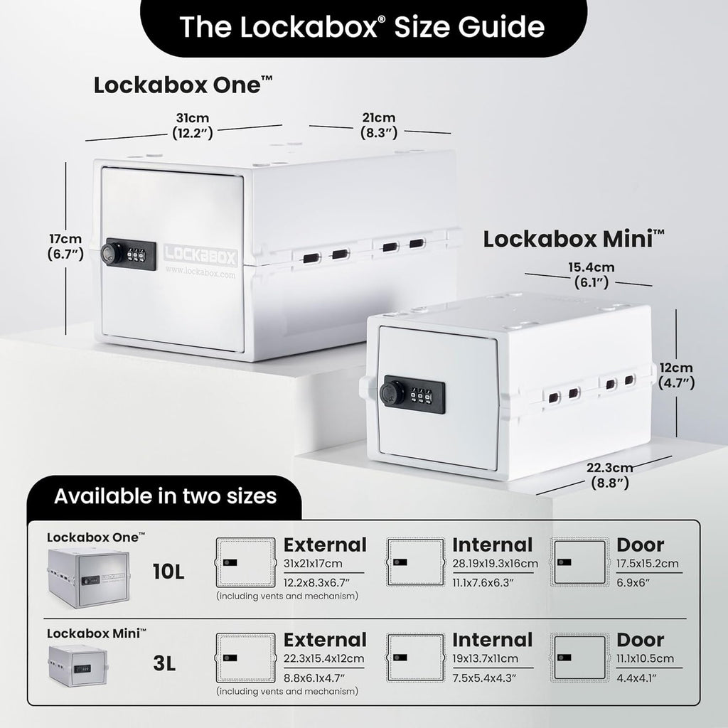 Lockabox One™ | Premium Lock Box | Medium Combination Lock Box For Food, Medicine & Home Safety | External Size 12 x 8 x 6.6 inches (Opal White)