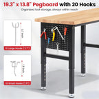 Work Bench 72 Inch Adjustable Height Workbench with Power Outlets & Extended Pegboard 5000 lbs Load Capacity Heavy Duty Work Table for Garage, Workshop, Home, Office