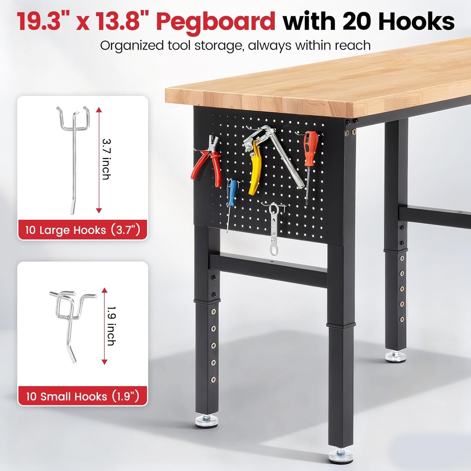 Work Bench 72 Inch Adjustable Height Workbench with Power Outlets & Extended Pegboard 5000 lbs Load Capacity Heavy Duty Work Table for Garage, Workshop, Home, Office