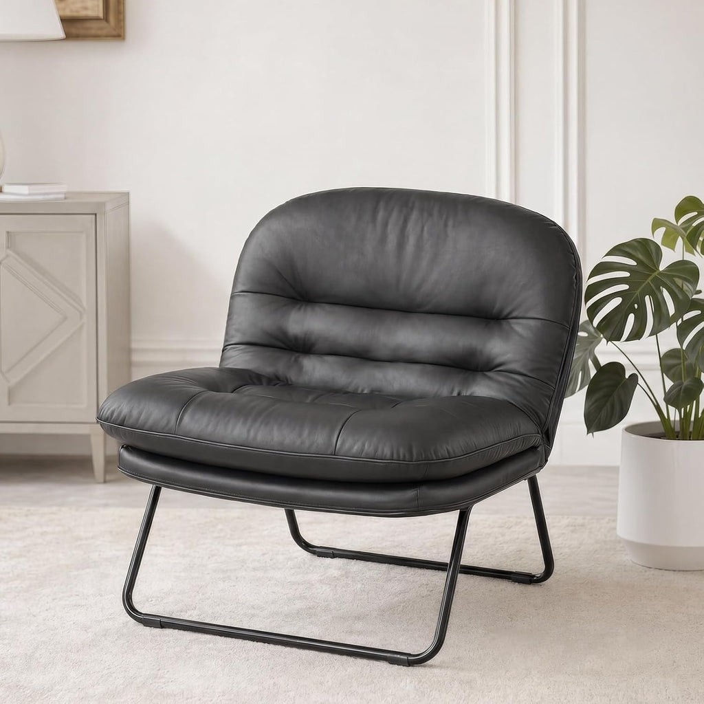 DUMOS Comfy Saucer Chair,PU Leather Foldable Chairs for Bedroom, Living Room, Dorm & Gaming, Small Foldable Fashion Floor Chair with Back Support for Small Spaces Adults,Inky