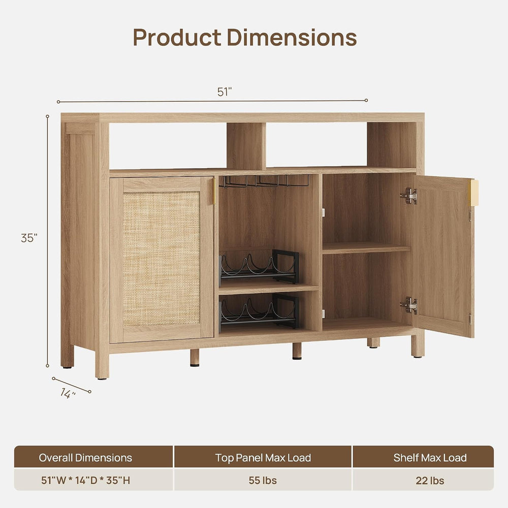SICOTAS 51" Coffee Bar Cabinet with Storage, Rattan Bar Cart Liquor Cabi...