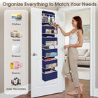 6-Tier Over The Door Organizer Hanging Storage Organizers with Clear Window 40lb Large Capacity Room Organizer for Pantry Bathroom Nursery Closet(Blue)
