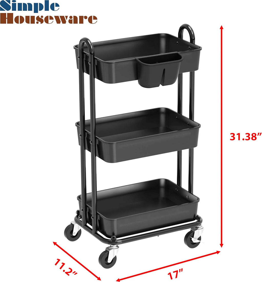 Simple Houseware 3-Tier Multifunctional Rolling Utility Cart with Hanging Bucket, Black