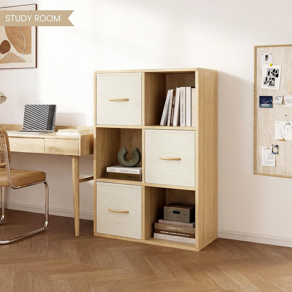 EXPERLAM 6 Cube Storage Organizer - Solid Wood Bookshelf with 3 Storage Bins, Cube Shelf with 2 Removable Back Panels, Vertical or Horizontal Bookcase, Open Book Shelf for Bedroom, Living Room, Office